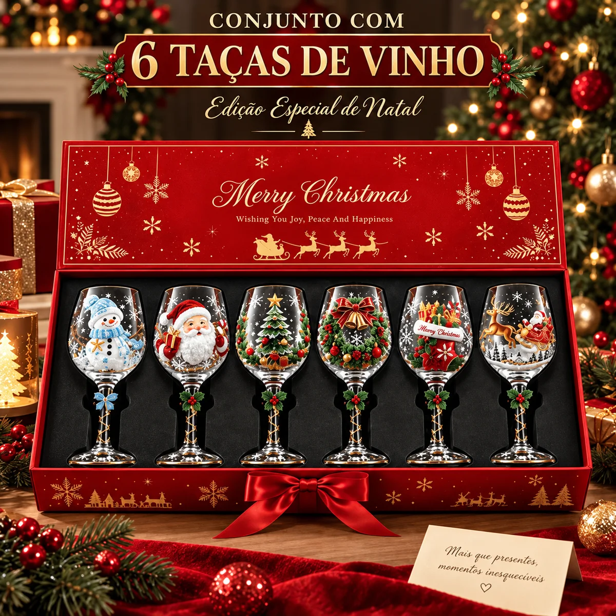 Conjunto de 6 Taças de Vinho Especial de Natal | Taças de Vidro 3D Natalinas