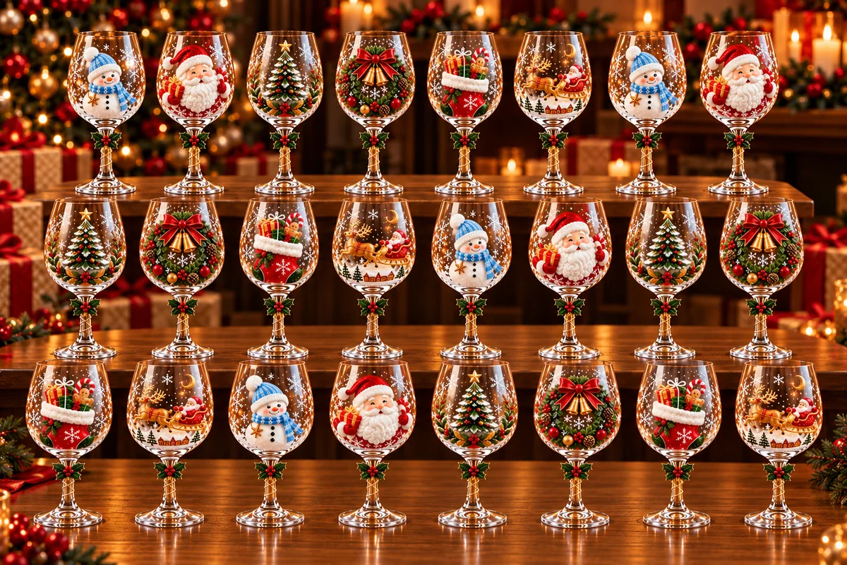 Conjunto de 6 Taças Especial de Natal | Taças de Vidro  com relevo em 3D Natalinas