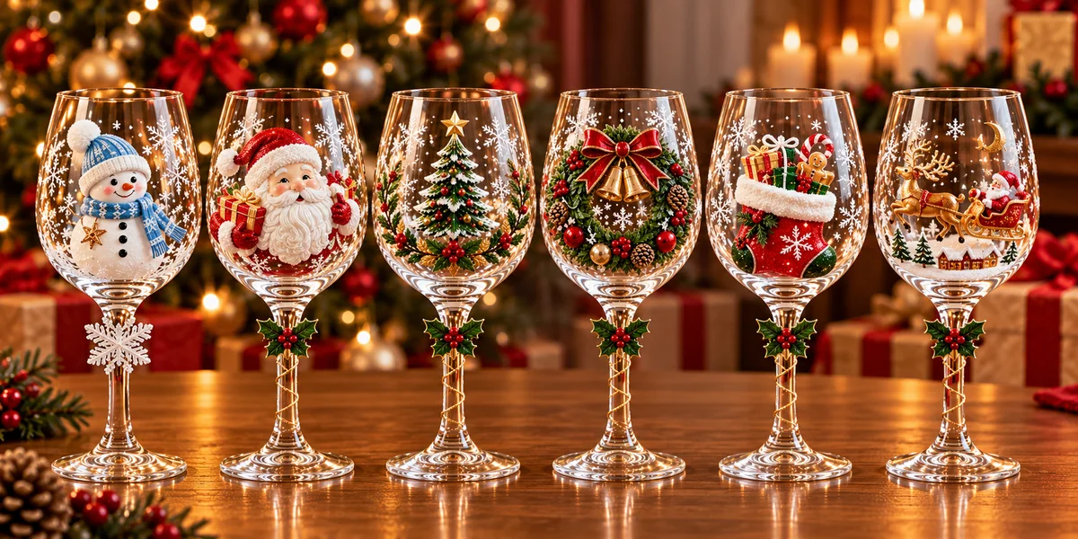 Conjunto de 6 Taças Especial de Natal | Taças de Vidro  com relevo em 3D Natalinas