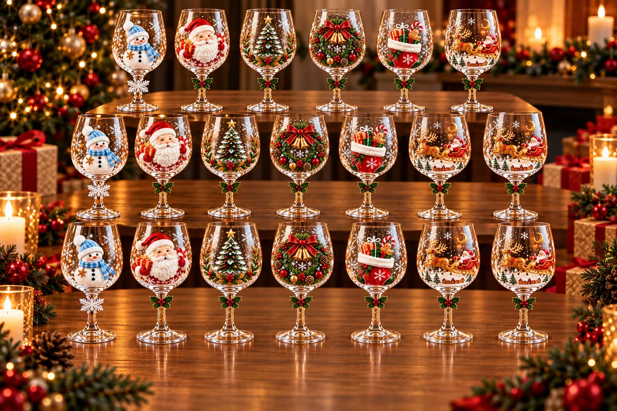 Conjunto de 6 Taças Especial de Natal | Taças de Vidro  com relevo em 3D Natalinas