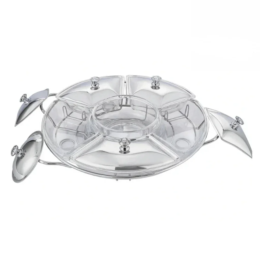 Rechaud Giratório Com 6 Compartimentos Aço Inox e Vidro 52cm