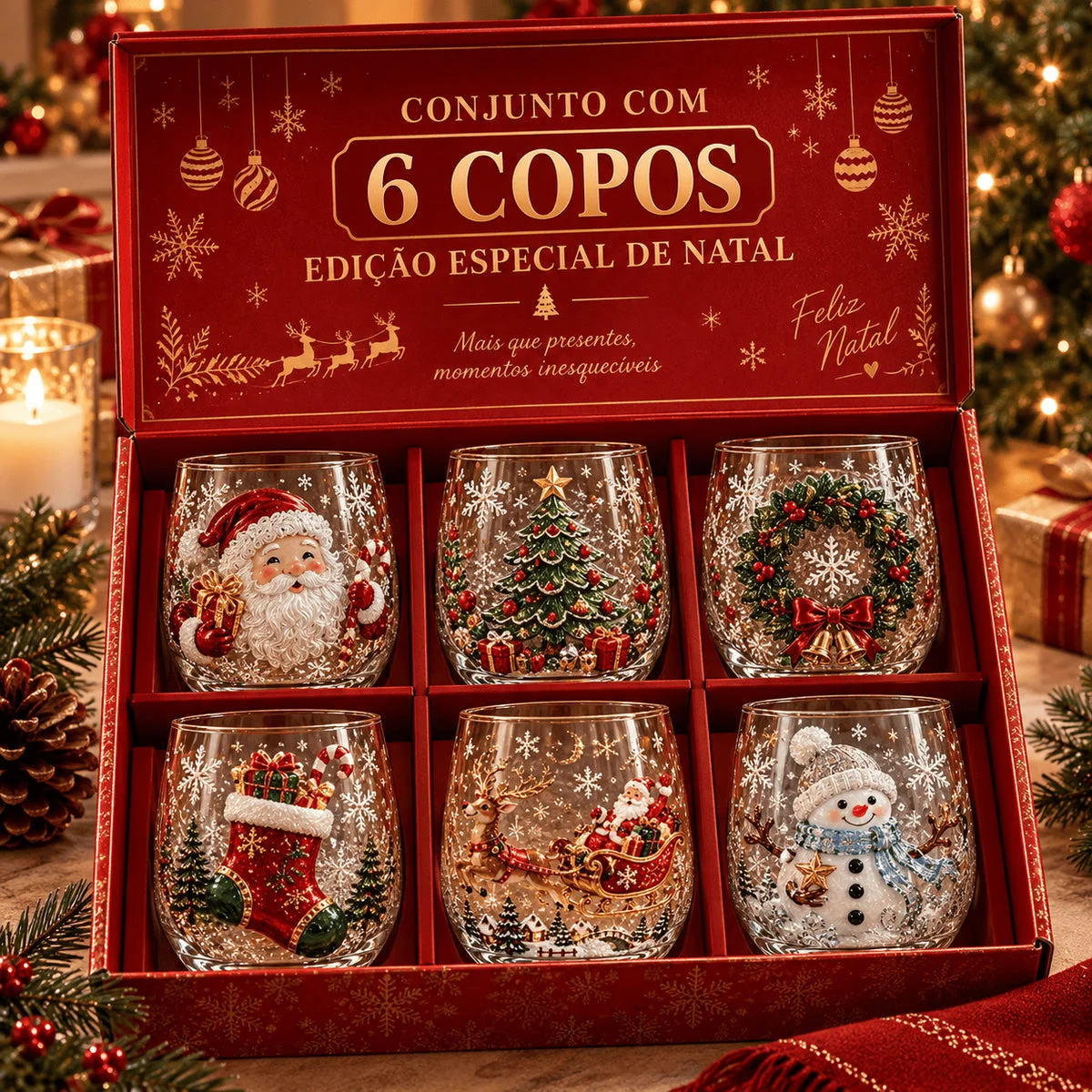 Conjunto de 6 Copos Especiais de Natal 3D com Caixa 2026