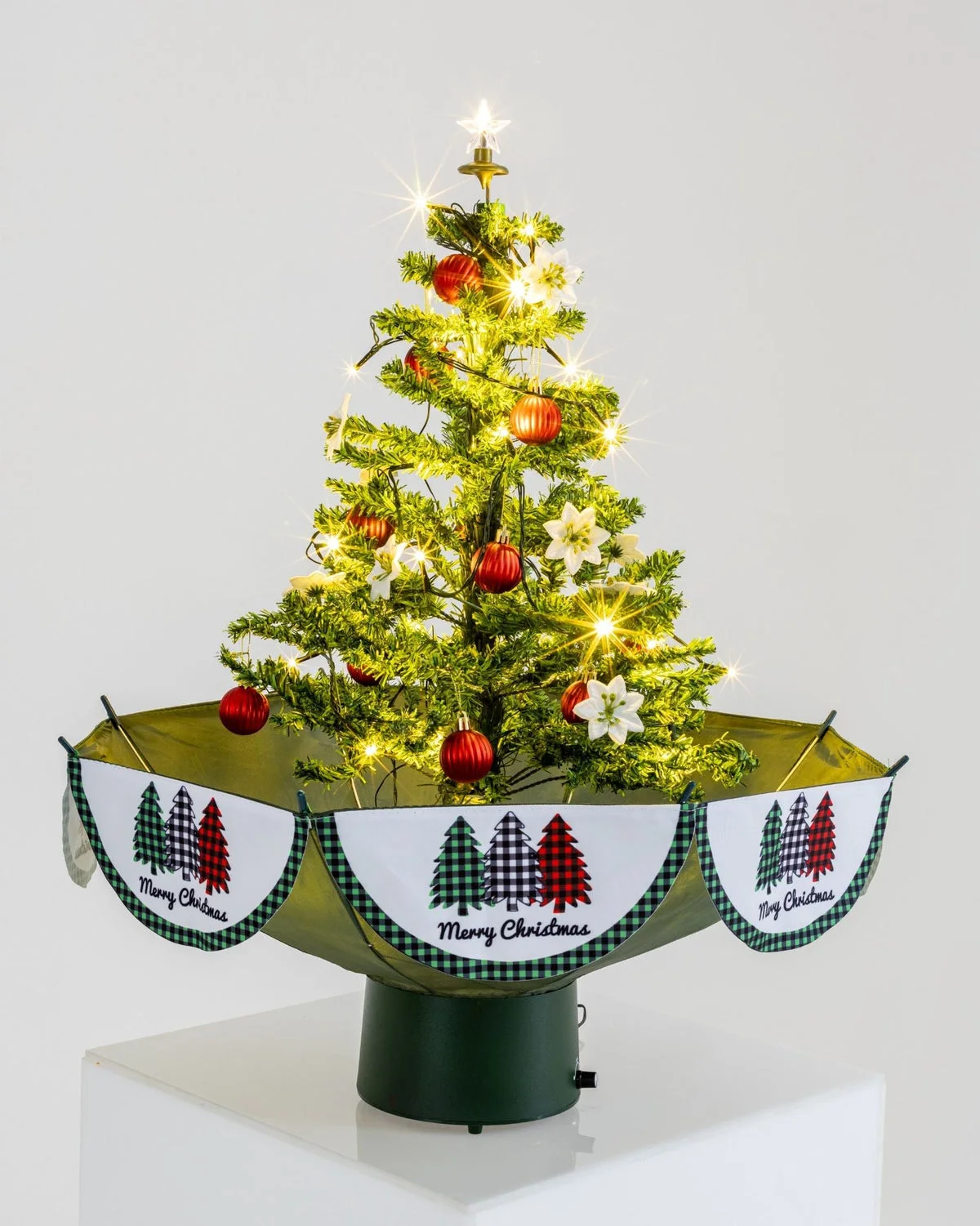 Árvore de Natal Mini com Base de Guarda-Chuva com Neve, Música 65x75